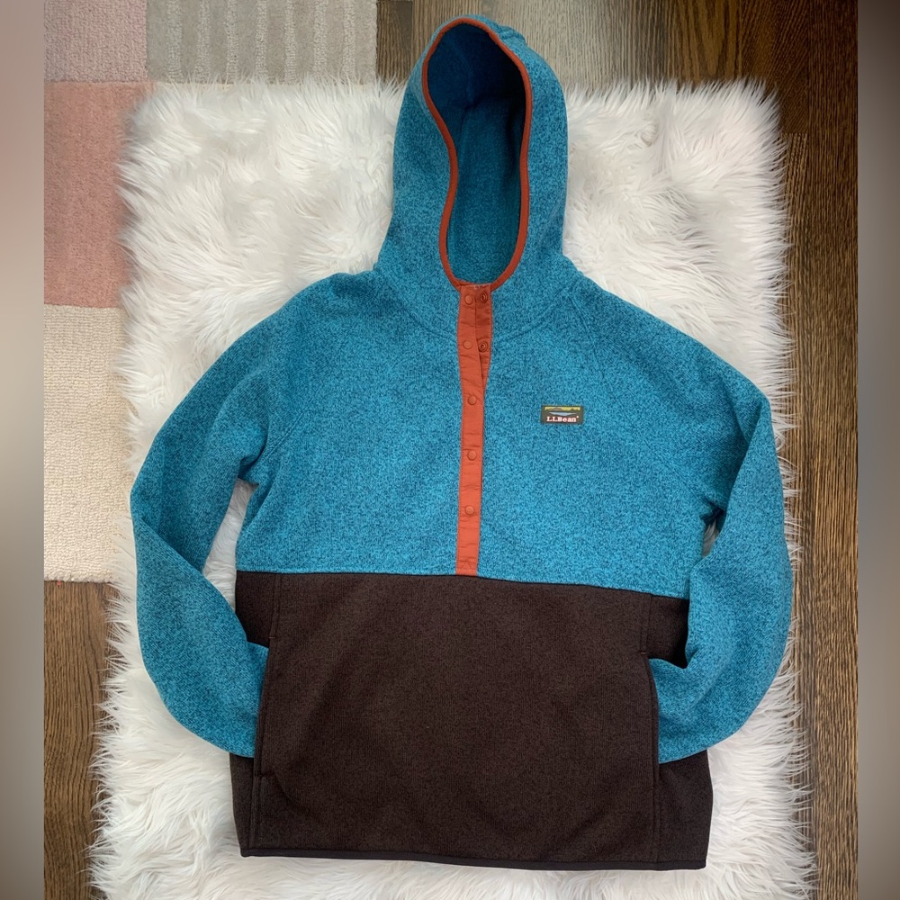 LL Bean Womens Snap Hooded Pullover Hoodie Size L 1/2 Snap Long Sleeve Fleece